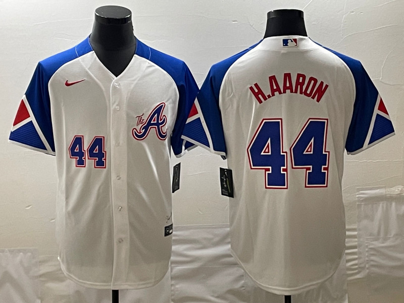 Braves 44 Hank Aaron White Nike 2023 City Connect Cool Base Jersey