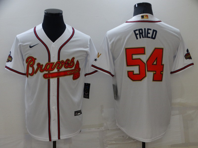 Braves 54 Max Fried White 2022 Gold Program Nike Cool Base Jersey