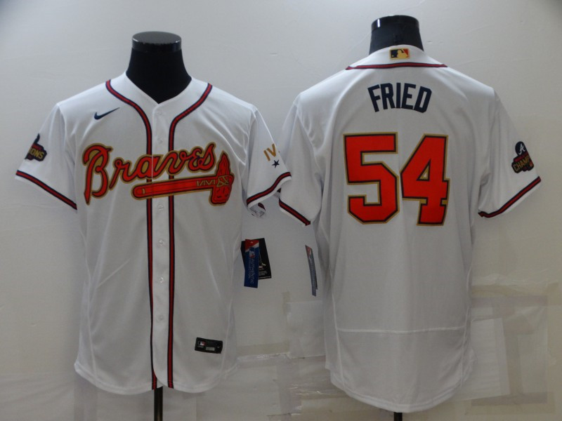 Braves 54 Max Fried White 2022 Gold Program Nike Flexbase Jersey