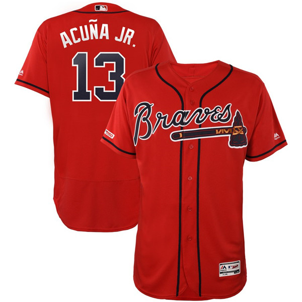 Braves Ronald Acuna Jr Scarlet 150th Patch Flexbase Jersey