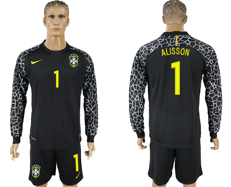 Brazil 1 ALISSON Black Goalkeeper 2018 FIFA World Cup Long Sleeve Soccer Jersey