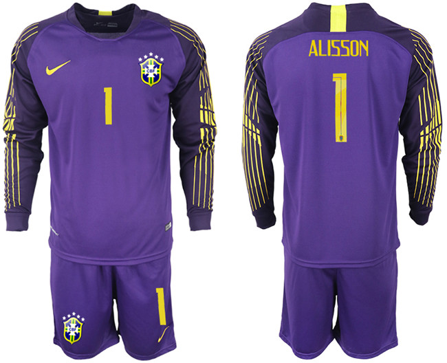 Brazil 1 ALISSON Purple Long Sleeve Goalkeeper Soccer Jersey