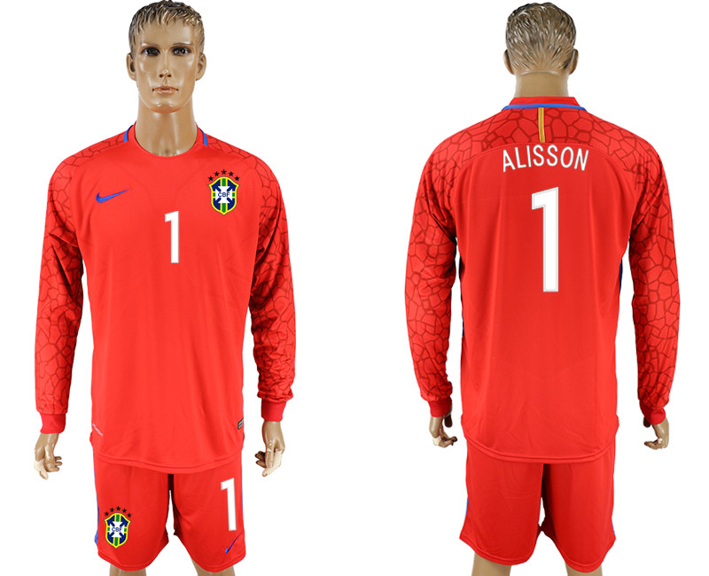 Brazil 1 ALISSON Red Goalkeeper 2018 FIFA World Cup Long Sleeve Soccer Jersey