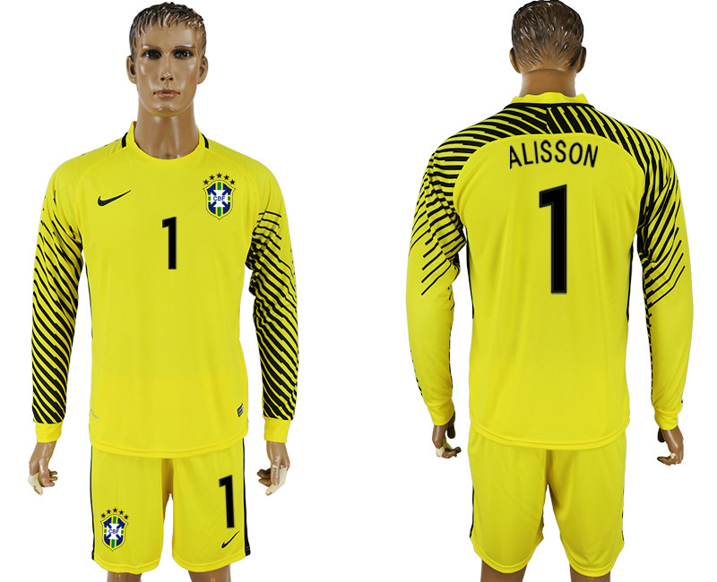 Brazil 1 ALISSON Yellow Goalkeeper 2018 FIFA World Cup Long Sleeve Soccer Jersey