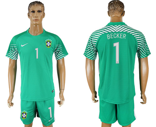 Brazil 1 BECKER Green Goalkeeper 2018 FIFA World Cup Soccer Jersey