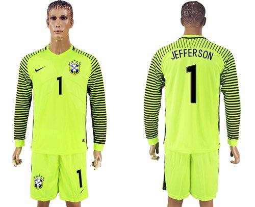 Brazil 1 Jefferson Green Long Sleeves Goalkeeper Soccer Country Jersey