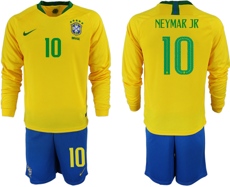 Brazil 10 NEYMAR JR Home 2018 FIFA World Cup Long Sleeve Soccer Jersey