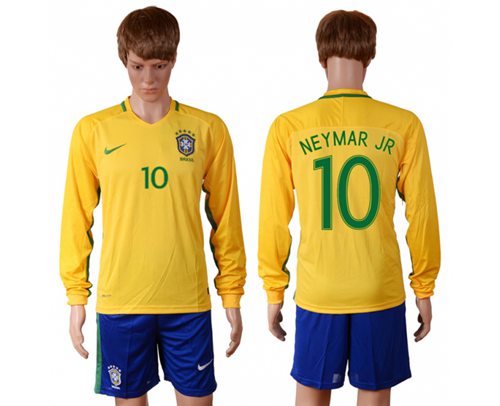 Brazil 10 Neymar Jr Home Long Sleeves Soccer Country Jersey