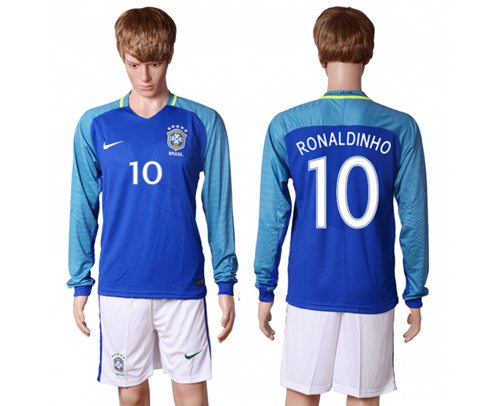 Brazil 10 Ronaldinho Away Long Sleeves Soccer Country Jersey