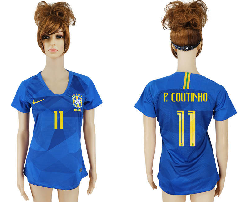 Brazil 11 P. COUTINHO Away Women 2018 FIFA World Cup Soccer Jersey