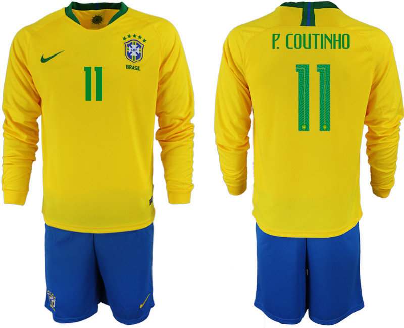 Brazil 11 P. COUTINHO Home 2018 FIFA World Cup Long Sleeve Soccer Jersey