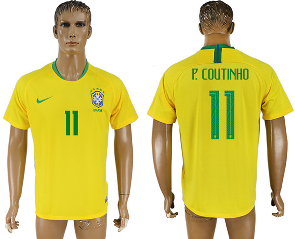 Brazil 11 P. COUTINHO Home 2018 FIFA World Cup Thailand Soccer Jersey