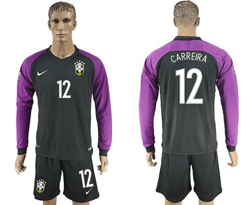 Brazil 12 Carreira Black Goalkeeper Long Sleeves Soccer Country Jersey