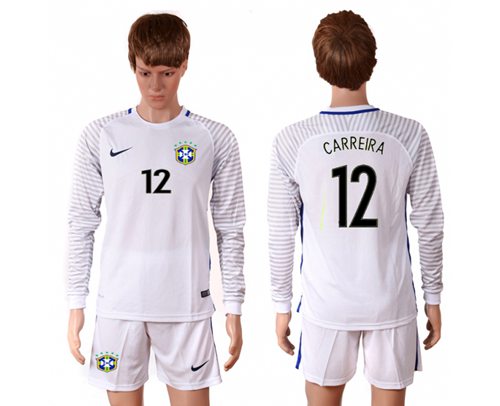 Brazil 12 Carreira White Goalkeeper Long Sleeves Soccer Country Jersey