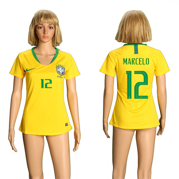 Brazil 12 MARCELO Home Women 2018 FIFA World Cup Soccer Jersey