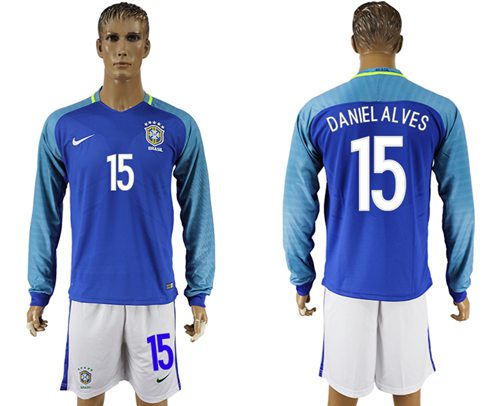 Brazil 15 Daniel Alves Away Long Sleeves Soccer Country Jersey