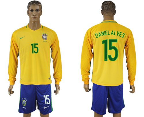 Brazil 15 Daniel Alves Home Long Sleeves Soccer Country Jersey