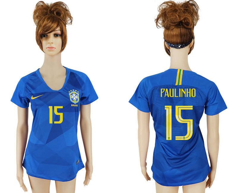 Brazil 15 PAULINHO Away Women 2018 FIFA World Cup Soccer Jersey