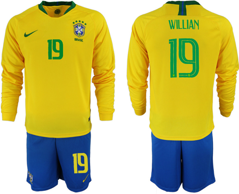 Brazil 19 WILLIAN Home 2018 FIFA World Cup Long Sleeve Soccer Jersey