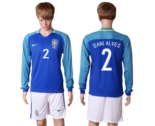 Brazil 2 Dani Alves Away Long Sleeves Soccer Country Jersey