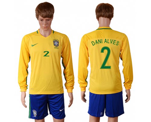 Brazil 2 Dani Alves Home Long Sleeves Soccer Country Jersey
