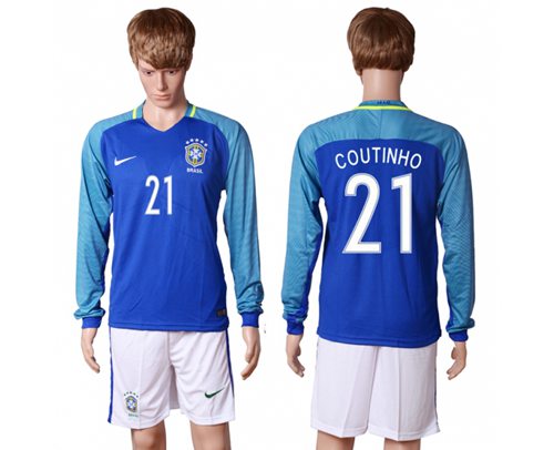 Brazil 21 Coutinho Away Long Sleeves Soccer Country Jersey