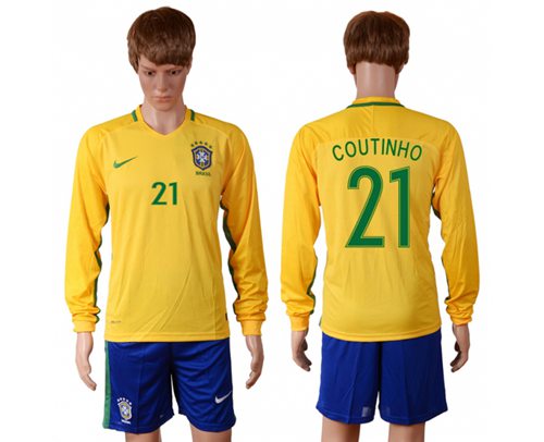 Brazil 21 Coutinho Home Long Sleeves Soccer Country Jersey