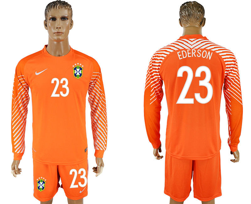 Brazil 23 EDERSON Orange Goalkeeper 2018 FIFA World Cup Long Sleeve Soccer Jersey