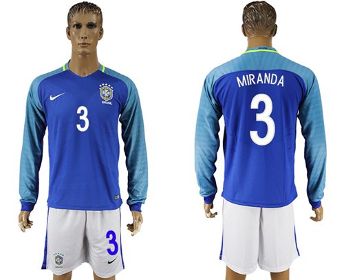 Brazil 3 Miranda Away Long Sleeves Soccer Country Jersey