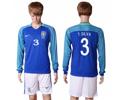 Brazil 3 T Silva Away Long Sleeves Soccer Country Jersey