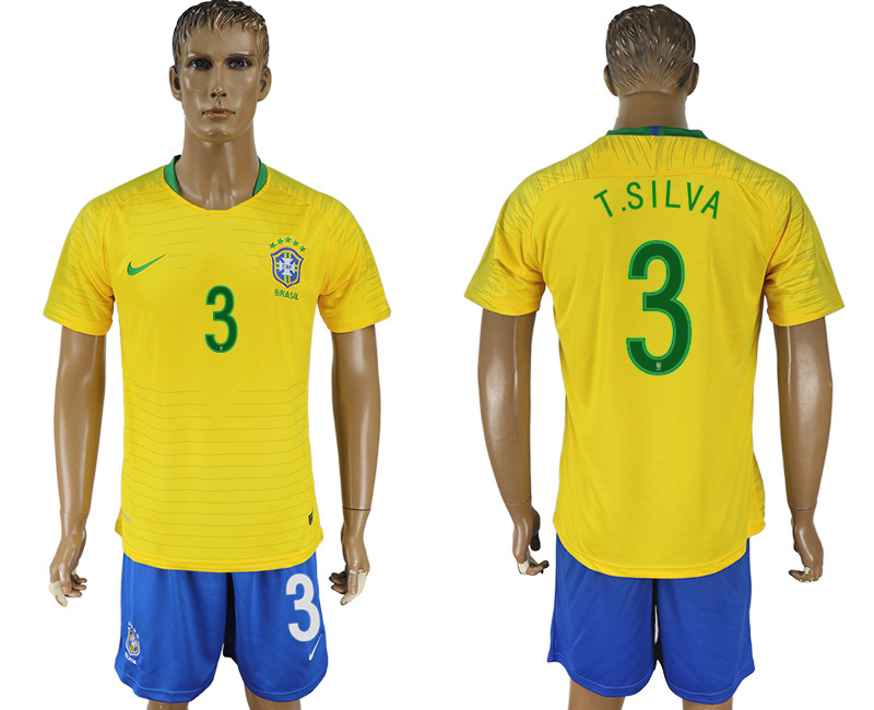 Brazil 3 T. SILVA Home 2018 FIFA World Cup Soccer Jersey