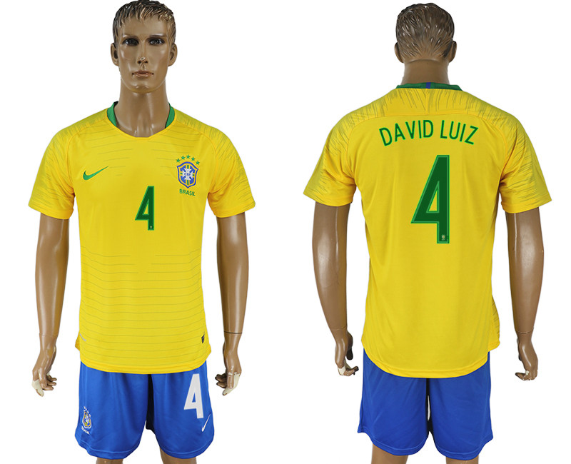 Brazil 4 DAVID LUIZ Home 2018 FIFA World Cup Soccer Jersey