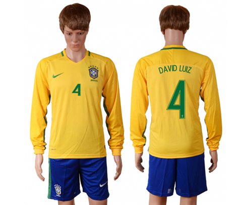 Brazil 4 David Luiz Home Long Sleeves Soccer Country Jersey