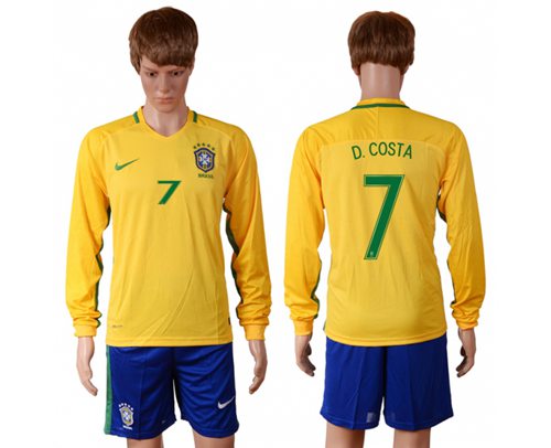 Brazil 7 D Costa Home Long Sleeves Soccer Country Jersey