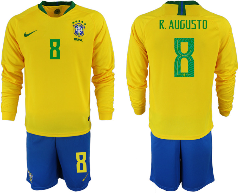 Brazil 8 R. AUGUSTO Home 2018 FIFA World Cup Long Sleeve Soccer Jersey