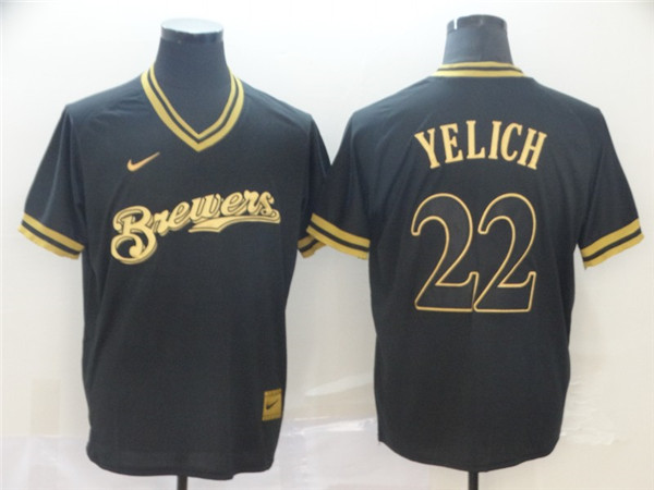 Brewers 22 Christian Yelich Black Gold Nike Cooperstown Collection Legend V Neck Jersey