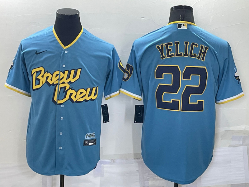 Brewers 22 Christian Yelich Blue Nike 2022 City Connect Cool Base Jerseys