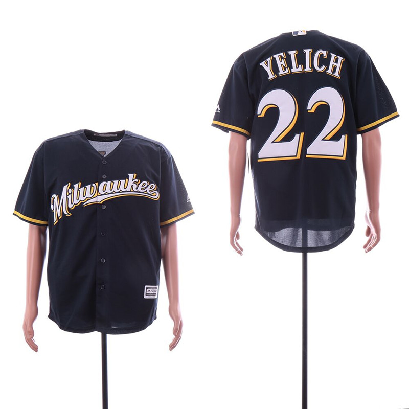 Brewers 22 Christian Yelich Navy Cool Base Jersey