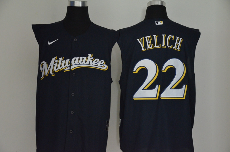 Brewers 22 Christian Yelich Navy Nike Cool Base Sleeveless Jersey