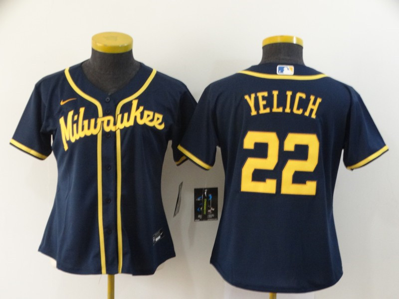 Brewers 22 Christian Yelich Navy Women Nike 2020 Cool Base Jersey