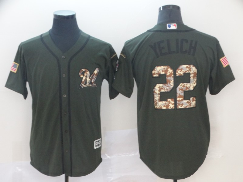 Brewers 22 Christian Yelich Olive Camo Salute To Service Cool Base Jersey