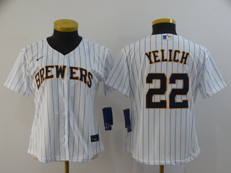 Brewers 22 Christian Yelich White Women Nike 2020 Cool Base Jersey