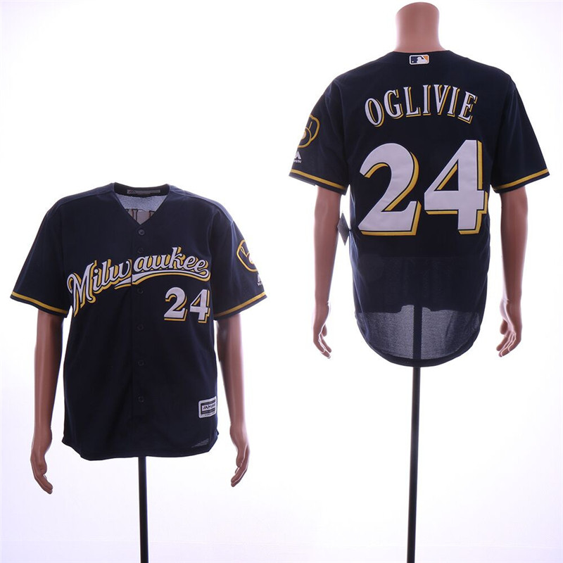 Brewers 24 Ben Oglivie Navy Cool Base Jersey