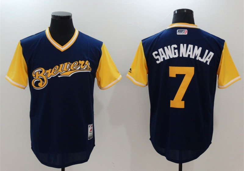 Brewers 7 Eric Thames Sang Namja Majestic Navy 2017 Players Weekend Jersey
