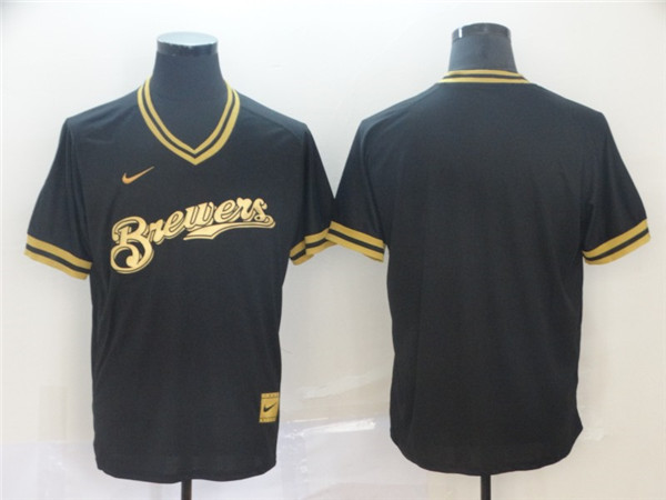 Brewers Blank Black Gold Nike Cooperstown Collection Legend V Neck Jersey