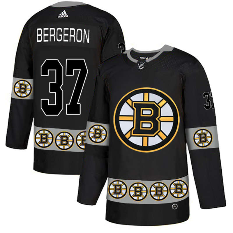 Bruins 37 Patrice Bergeron Black Team Logos Fashion  Jersey