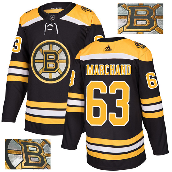 Bruins 63 Brad Marchand Black With Special Glittery Logo  Jersey