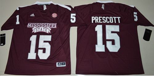 Bulldogs 15 Dak Prescott Maroon SEC Patch Stitched NCAA Jersey