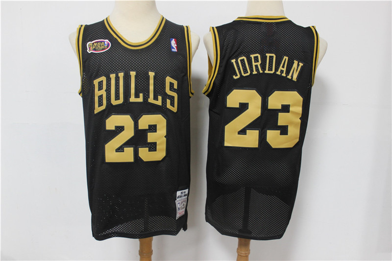 Bulls 23 Michael Jordan Black Gold NBA Finals Patch Jersey