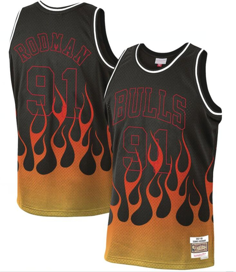 Bulls 91 Dennis Rodman Black 1997 98 Hardwood Classics Flames Swingman Jersey